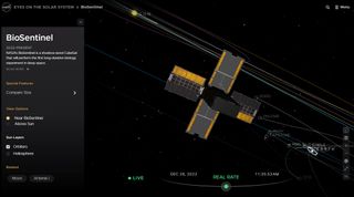 A screenshot of NASA's visualization tool "Eyes on the Solar System," set on NASA's BioSentinel cubesat mission.