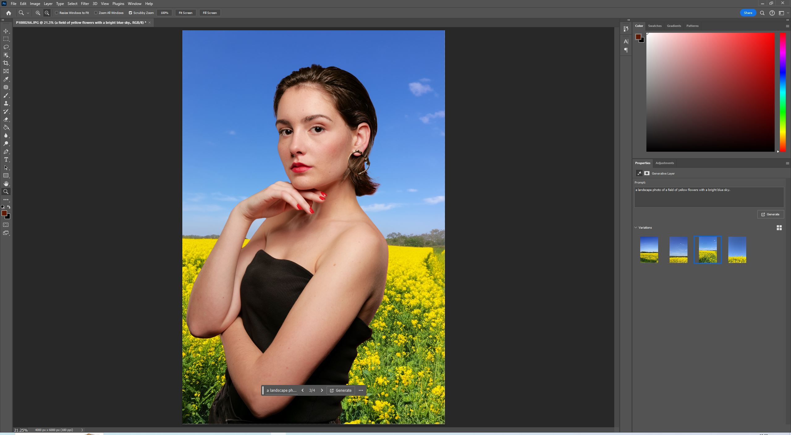 A screen of Adobe Photoshop showing how Generative Fill has been used to replace a background