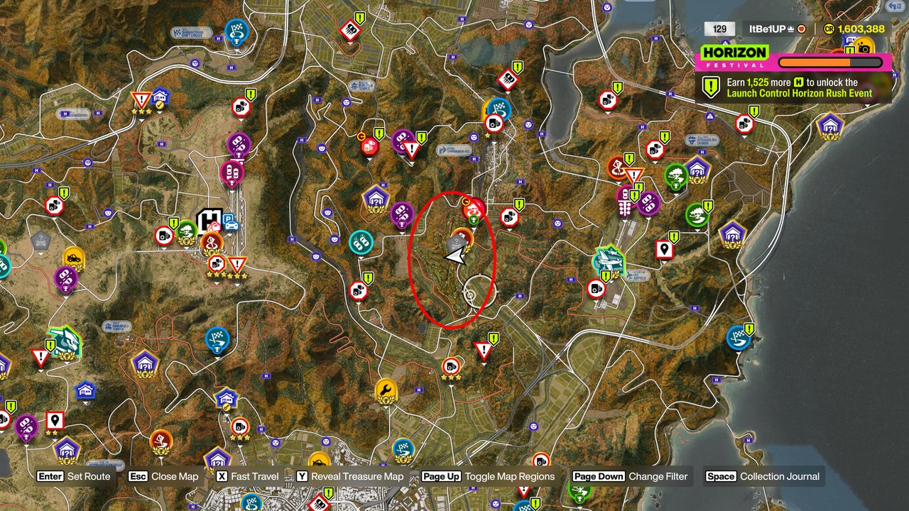 Forza Horizon 6 Naruo Golf Course: A screenshot of the map wiht a red oval marking the location of the golf course.