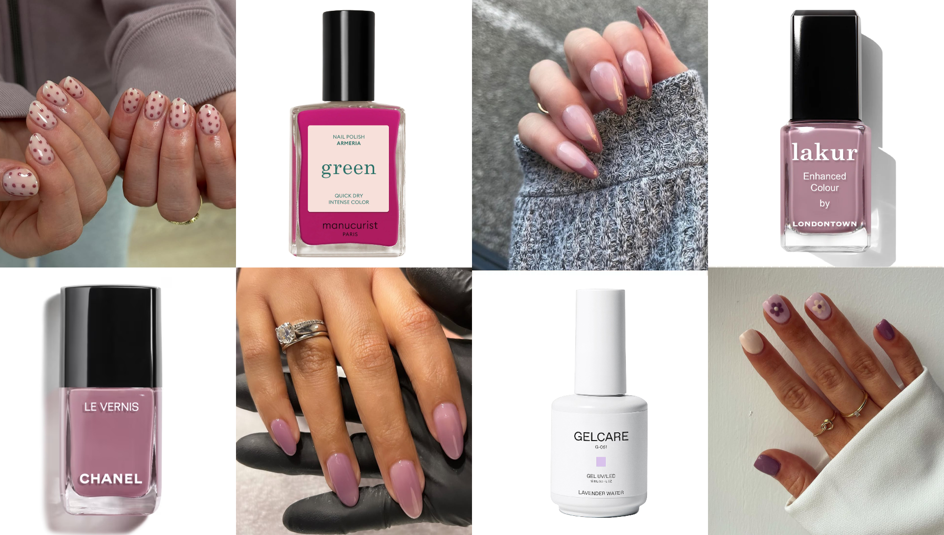 mauve nails on four sets of hands in a grid pattern with four bottles of mauve nail polish on a white background