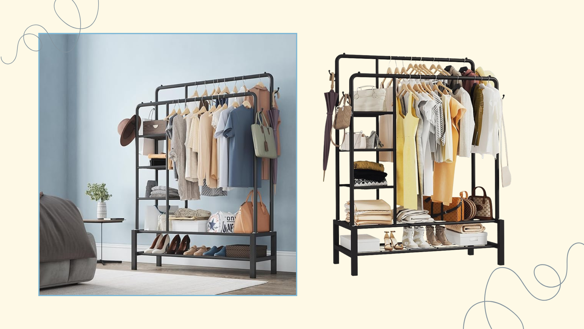The Klass Home Collection heavy duty clothes rail pictured in a stylish room with a pale blue wall and as a cutout imagine on a cream background