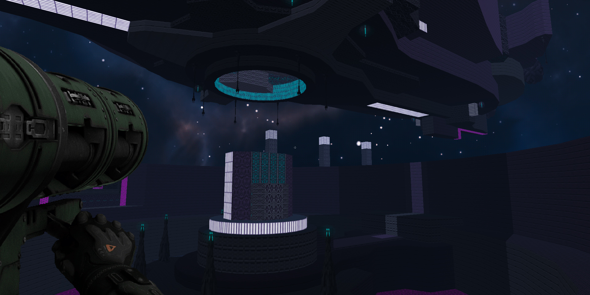 dark purple alien ruins with cyan highlights