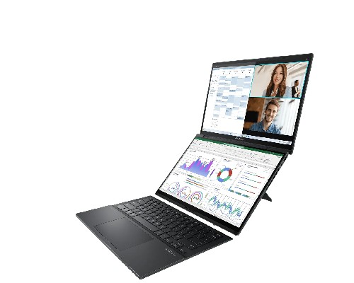 Profile shot of the An ASUS Zenbook Duo on a white background