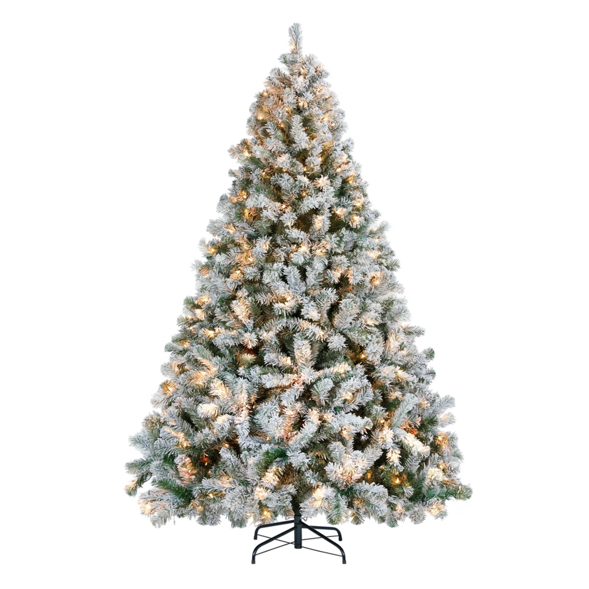 a christmas tree with frosted branches and yellow lights