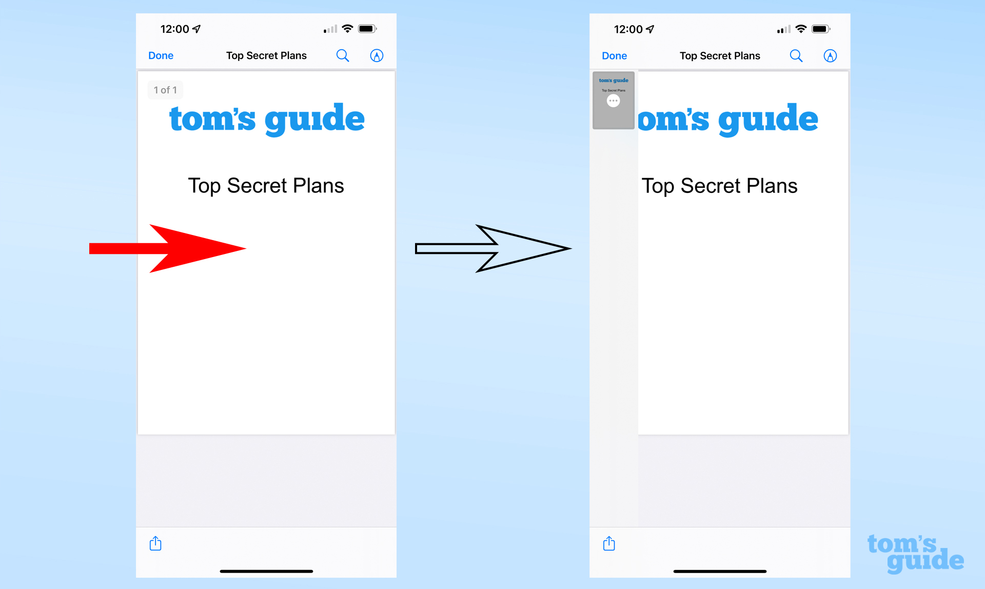 Two screenshots from an iPhone, showing how to display the PDF preview window's page outline