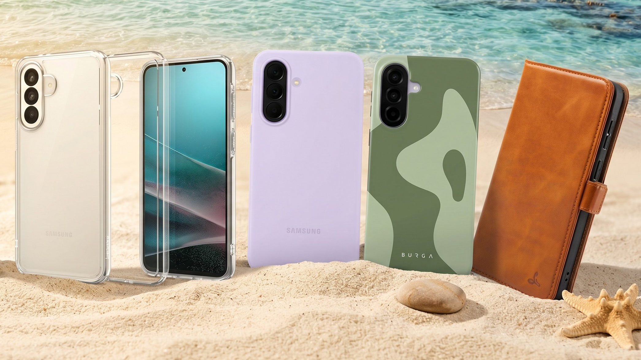 Selection of Samsung Galaxy A37 cases on a beach background