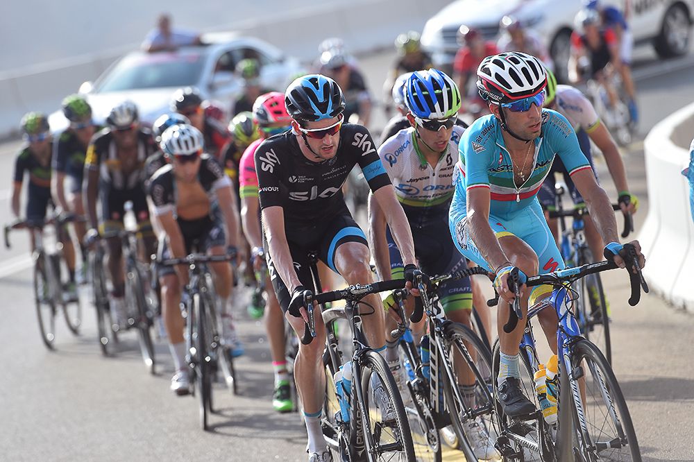 Vincenzo Nibali leads the bunch.