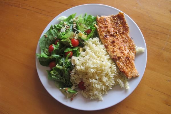 Pre-race meal of rice pasta, trout and organic greens.