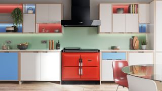 red Rayburn cooker in modern kitchen
