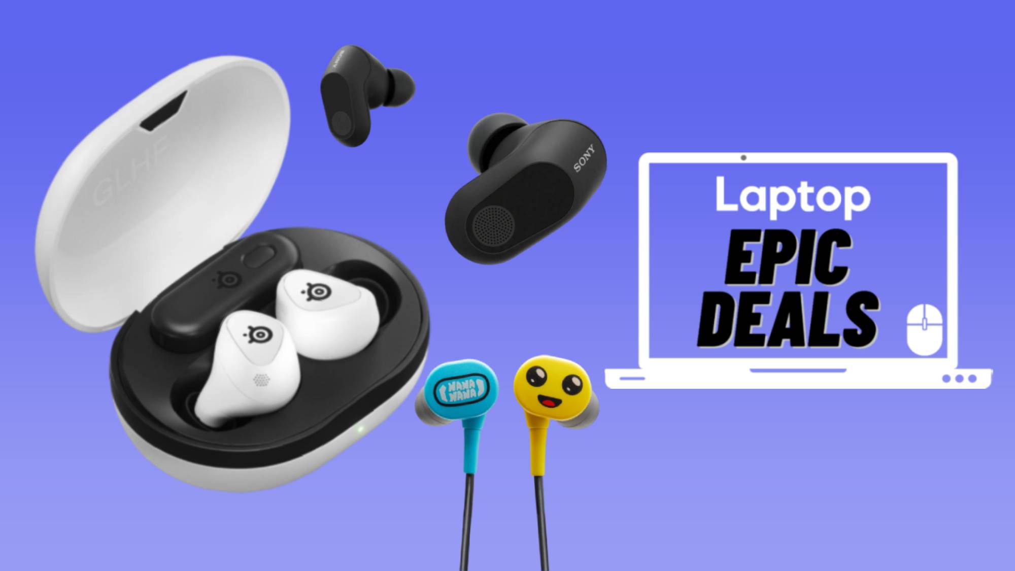 SteelSeries Arctis GameBuds, Sony inzone buds, PowerA Peely wired earbuds against blue gradient background.