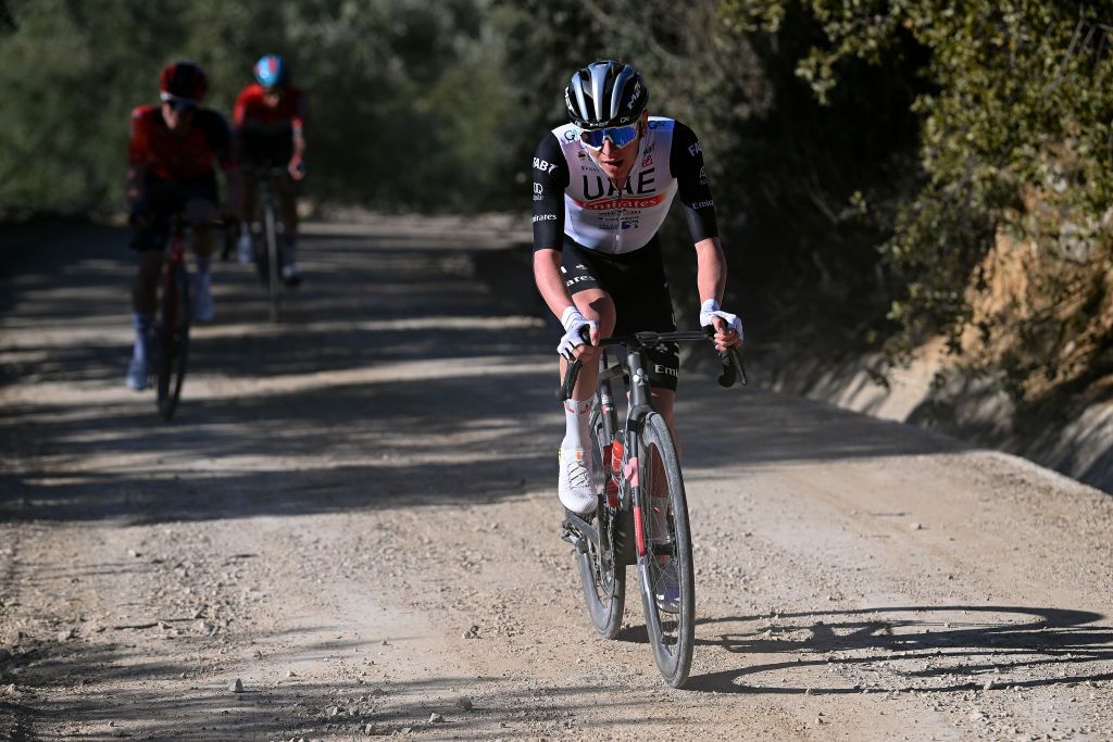BAEZA SPAIN FEBRUARY 13 Tadej Pogacar of Slovenia and UAE Team Emirates attacks in the chase group during the 2nd Clasica Jaen Paraiso Interior 2023 a 1789km one day race from beda to Baeza 752m ClsicaJan23 on February 13 2023 in Baeza Spain Photo by Dario BelingheriGetty Images