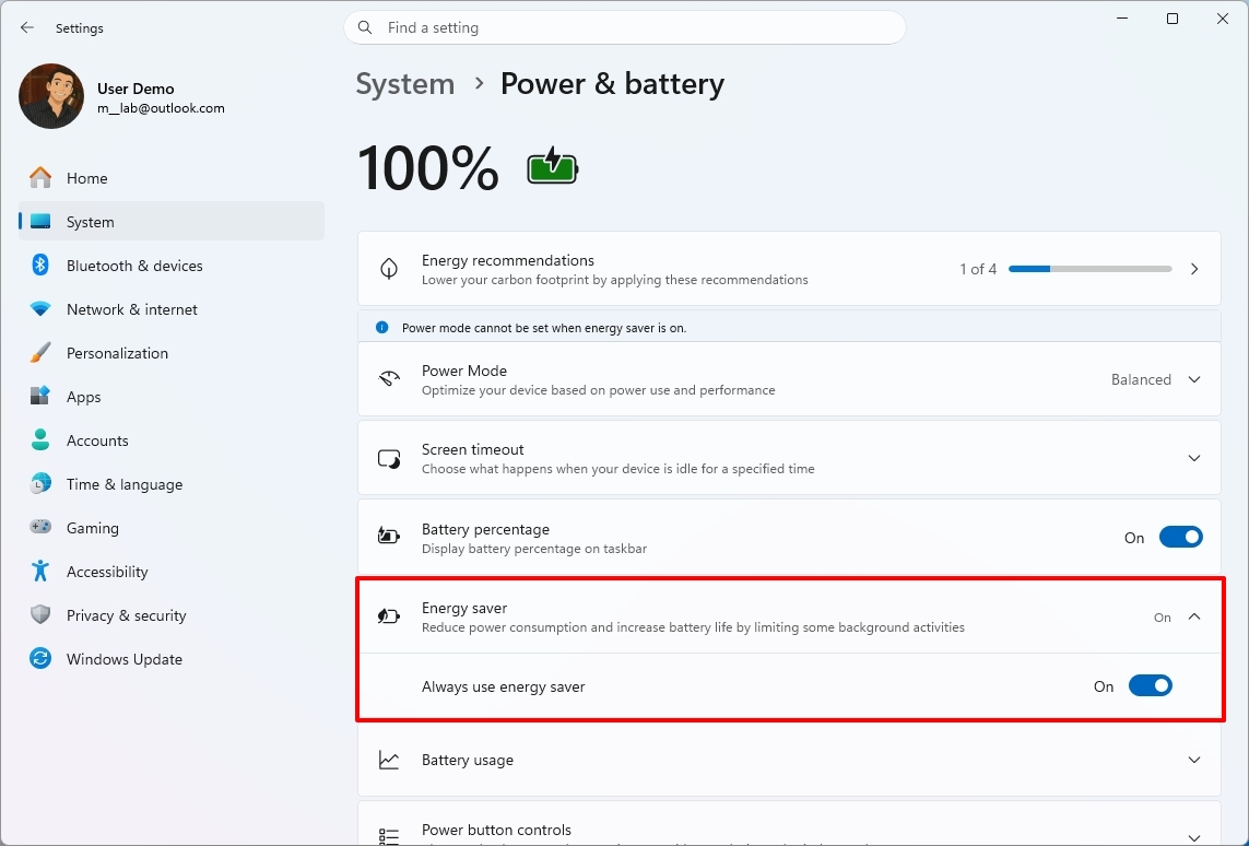 System &amp;gt; Power &amp;amp; battery settings with "100%" battery and Energy saver option highlighted.