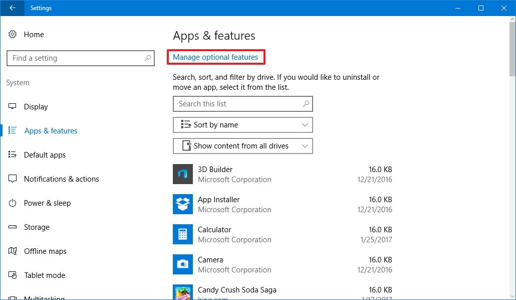 windows 10 apps optional features not showing