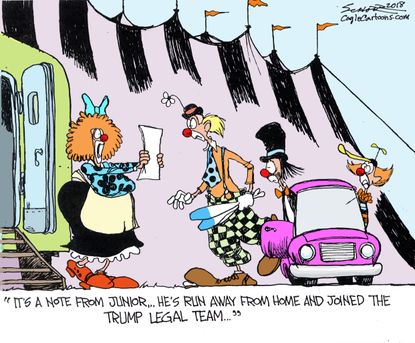 Political cartoon U.S. clown Trump legal team Rudy Giuliani Michael Cohen