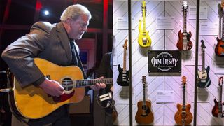 LEFT: Colts owner Jim Irsay plays rhythm guitar as bass player for REM, Mike Mills (cropped out), takes the lead during a private Super Bowl party hosted by Irsay, owner of the Indianapolis Colts at the Indiana State Museum and Historic Sites on Thursday, Feb. 2, 2012. RIGHT: A collection of classic guitars on display at the Jim Irsay Collection & Concert at Bill Graham Civic Auditorium on December 10, 2022 in San Francisco, California.