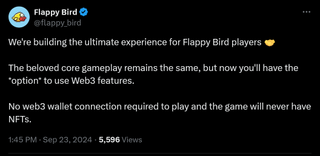 We're building the ultimate experience for Flappy Bird players 🤝 The beloved core gameplay remains the same, but now you'll have the *option* to use Web3 features. No web3 wallet connection required to play and the game will never have NFTs.