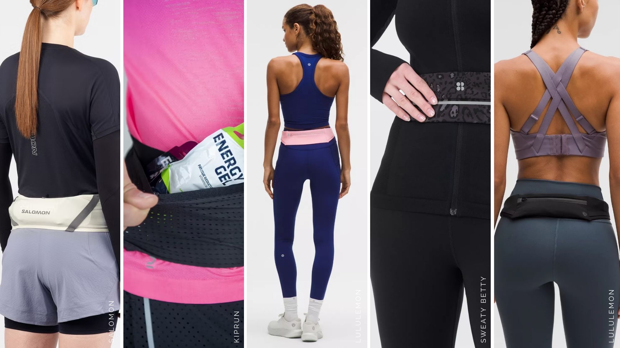 composite of models wearing the best running belts from lululemon / Salomon / Sweaty Betty / Kiprun