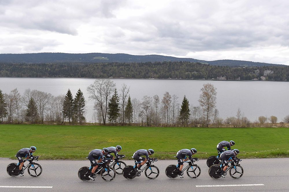 Team Sky on their way to the winning time