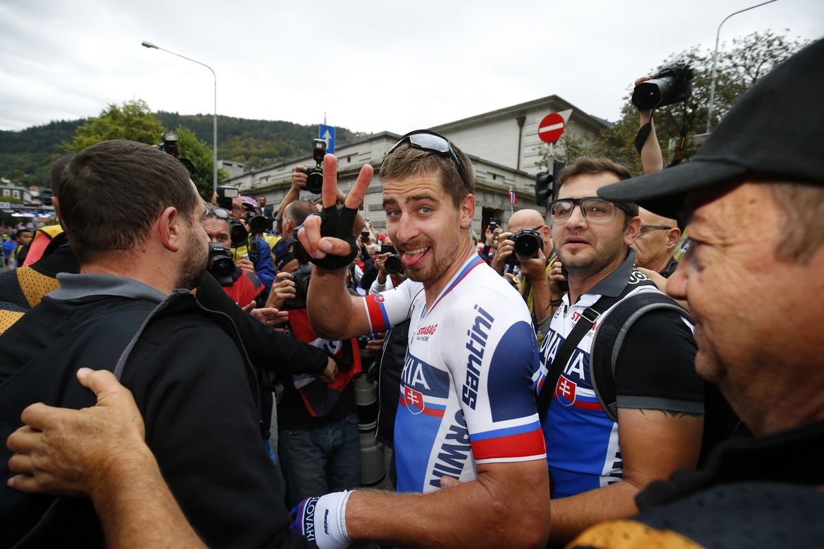Peter Sagan (Slovakia) celebrates his third win