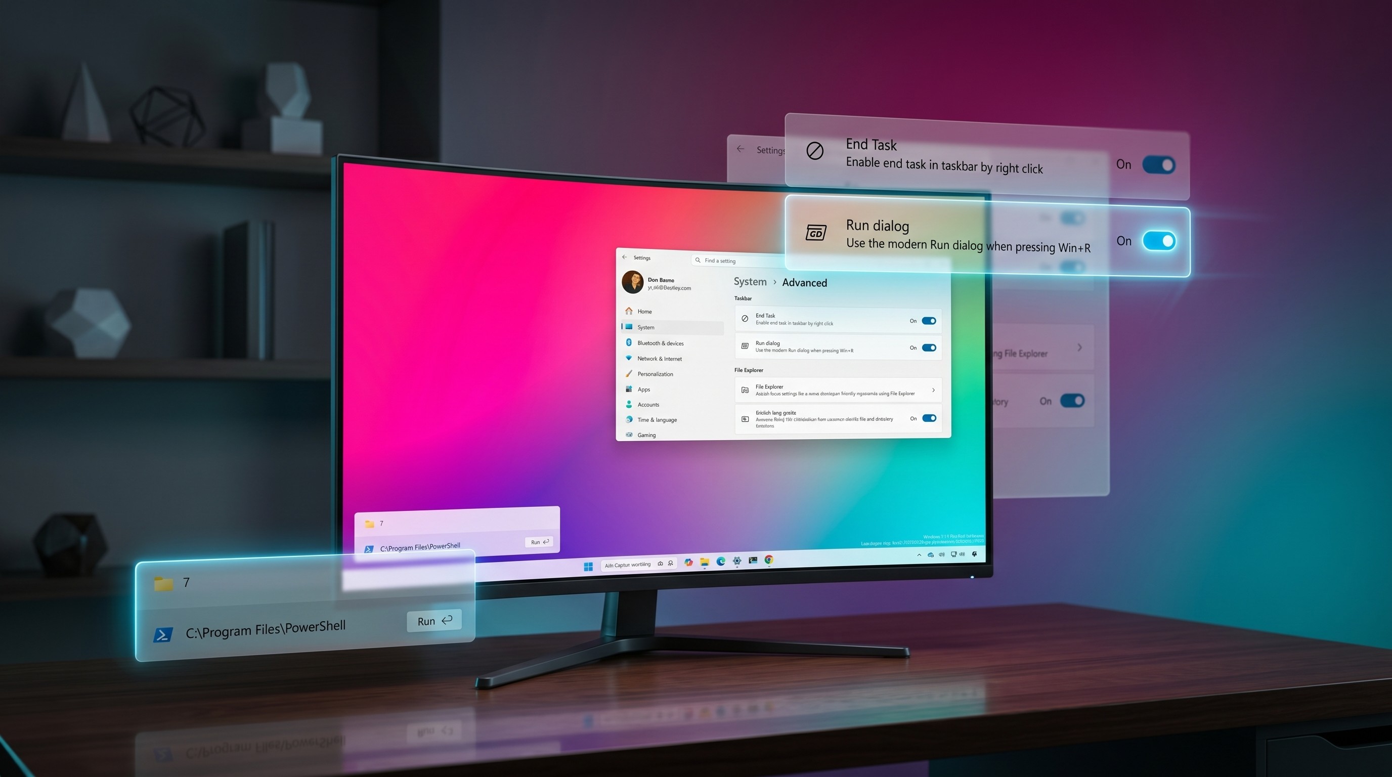 A modern computer monitor displays a vibrant interface with overlapping windows against a gradient background. The room is dimly lit, creating a tech-focused atmosphere.