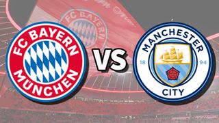 The Bayern Munich and Manchester City club badges on top of a photo of Allianz Arena in Munich, Germany