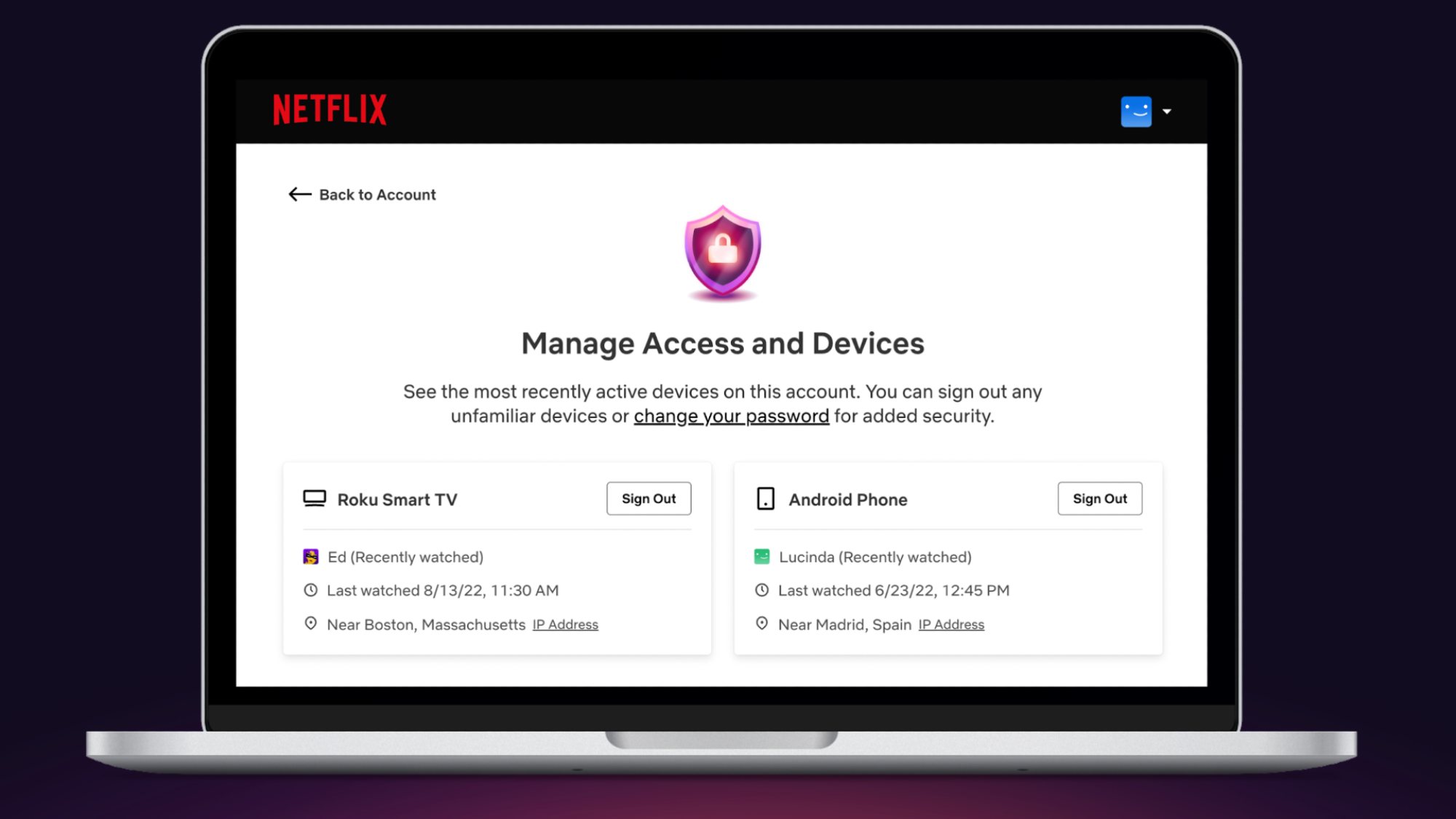 Representación en pantalla de la configuración de la cuenta de Netflix Administrar acceso y dispositivos