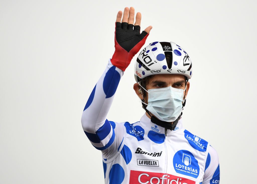 CIUDADRODRIGO SPAIN NOVEMBER 06 Start Guillaume Martin of France and Team Cofidis Solutions Credits Polka Dot Mountain Jersey Most Combative Rider Mask Covid safety measures Team Presentation Salamanca City during the 75th Tour of Spain 2020 Stage 16 a 162km stage from Salamanca to Ciudad Rodrigo lavuelta LaVuelta20 La Vuelta on November 06 2020 in Ciudad Rodrigo Spain Photo by David RamosGetty Images