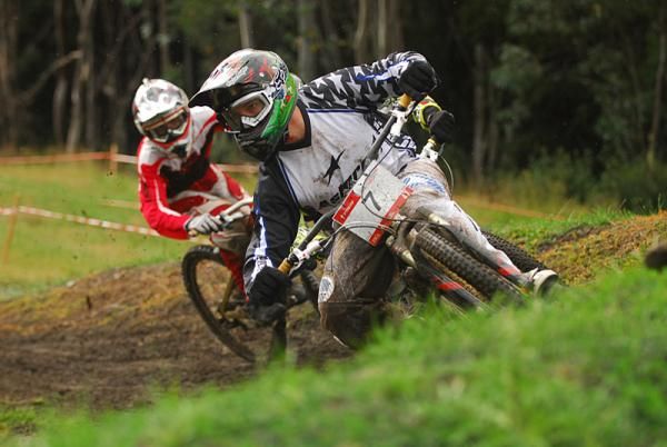 Michael Young slips into the first turn.