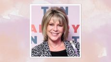 Ruth Langsford is pictured wearing a leopard-print blazer at the launch of Rylan Clark's new book "Ten: The Decade That Changed My Future" at the BT Tower on September 23, 2022 in London, England/ in a peach and purple watercolour paint-style template