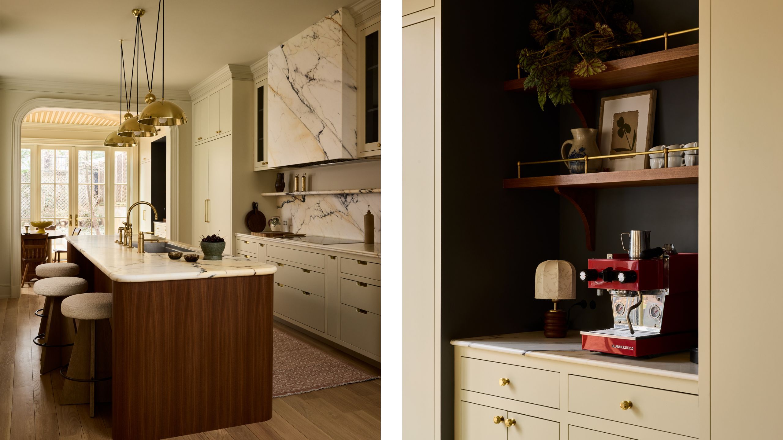 two side by side images of a warm contemporary kitchen with walnut wood island and statement stone with a coffee nook styled with a red espresso machine and open shelves