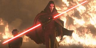 A still from "Star Wars: Tales of the Jedi" depicting an evil Sith lord wielding a double-ended red lightsaber.