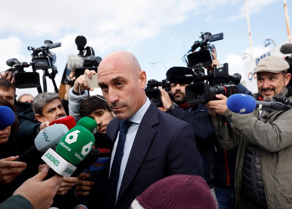 Former president of the Spanish football federation Luis Rubiales, accused of sex assault and coercion over forcible kiss, is surrounded by media as he leaves after taking the stand during his trial at the court of San Fernando de Henares, east of Madrid, on February 11, 2025. Spain&#039;s former football federation chief has given his version of events in his trial over his forced kiss on player Jenni Hermoso. The 47-year-old provoked worldwide outrage after he cupped Hermoso&#039;s head and gave her an unsolicited kiss during the medal ceremony after Spain won the 2023 Women&#039;s World Cup in Australia.