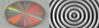 Left: The vortex mask made of synthetic diamond used in the new coronograph tool for the Keck Observatory. Right: A close-up of the vortex mask, which is 0.4 inches (1 centimeter) in diameter and .01 inches (0.3 millimeters) thick, shows its engraved pattern.