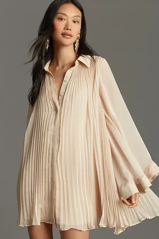 Maeve Long-Sleeve Pleated Mini Shirt Dress