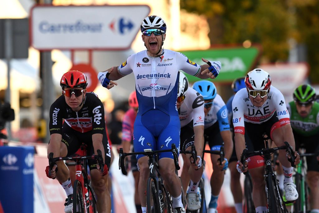 AGUILAR DE CAMPOO SPAIN OCTOBER 29 Arrival Gerben Thijssen of Belgium and Team Lotto Soudal Sam Bennett of Ireland and Team Deceuninck QuickStep Celebration Jasper Philipsen of Belgium and UAE Team Emirates during the 75th Tour of Spain 2020 Stage 9 a 1577km stage from Cid Campeador Military Base Castrillo del Val to Aguilar de Campoo lavuelta LaVuelta20 on October 29 2020 in Aguilar de Campoo Spain Photo by David RamosGetty Images