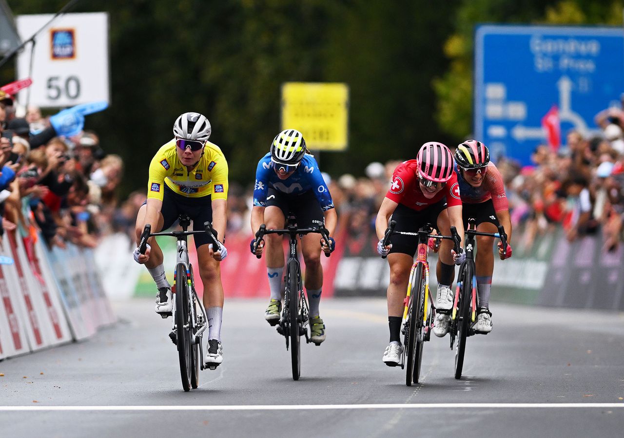 Lotte Kopecky sprints to third on the stage to confirm overall victory