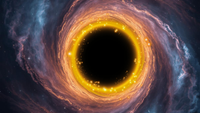 An illustration of a black hole swallowing matter and light with a glowing golden ring representing the event horizon