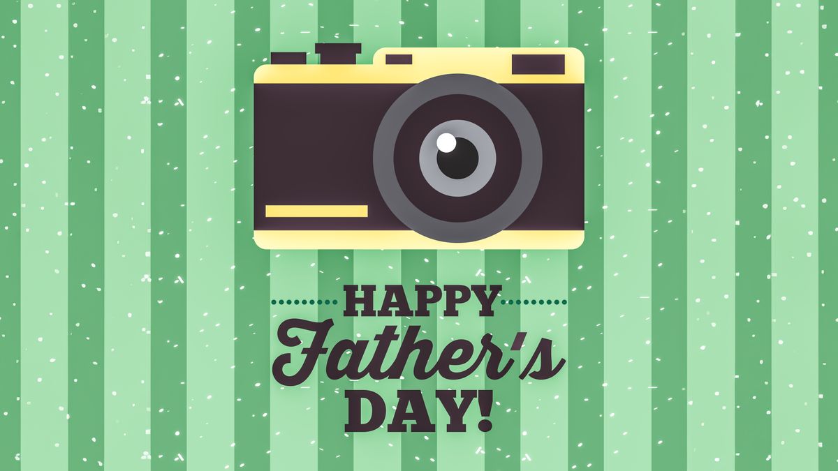 Illustration with words Happy Fathers&#039; Day and image of a camera against a green stripey background