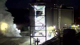 The reignatable upper stage of Europe's new, heavy-lift Ariane 6 rocket undergoing its first hot fire test.