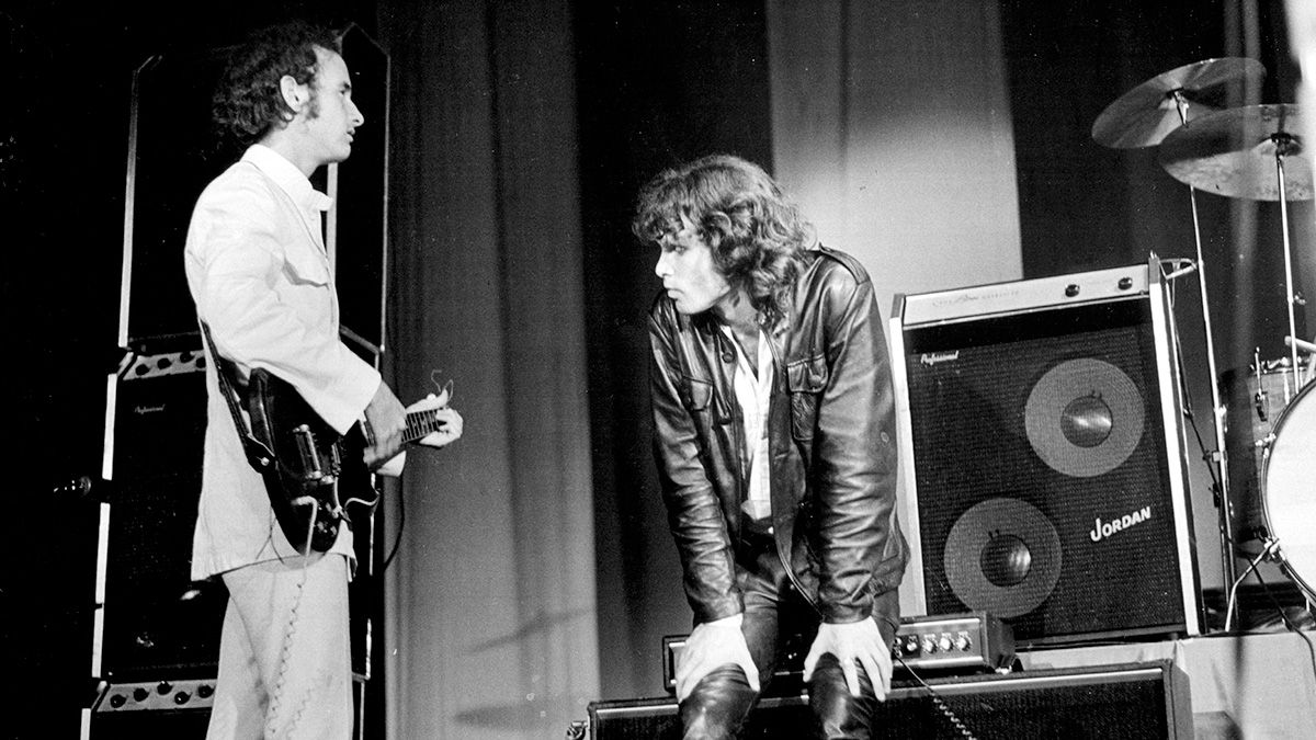 Jim Morrison and Robbie Krieger of The Doors perform during their debut at the Village Theatre, (later to become the Fillmore East) on September 9, 1967 in New York City, NY