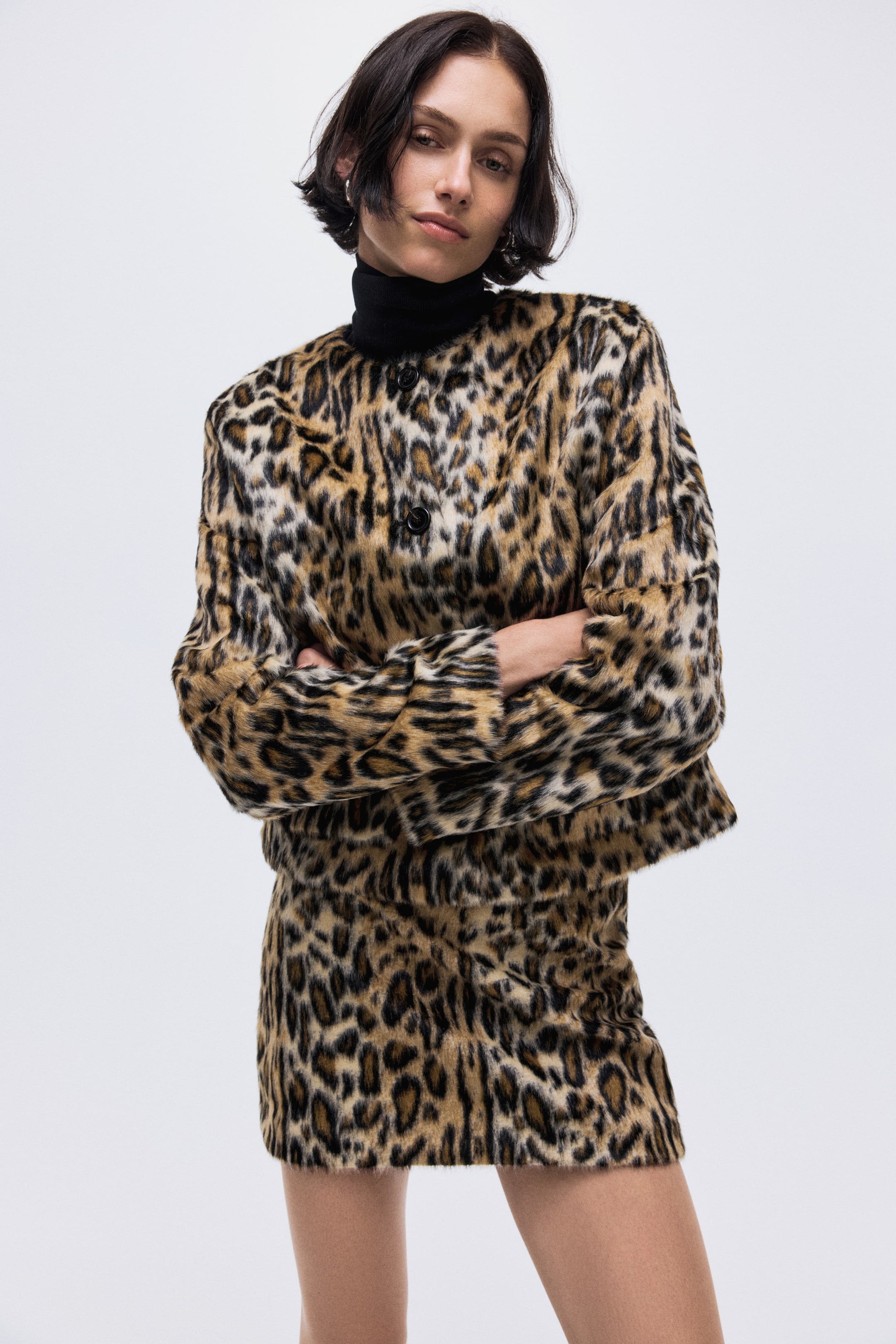 Collarless Jacket - Beige/leopard Print