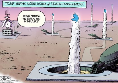 Political cartoon U.S. Trump North Korea missile tweet consequences