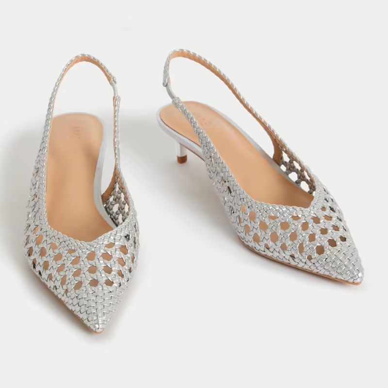 silver woven kitten heels