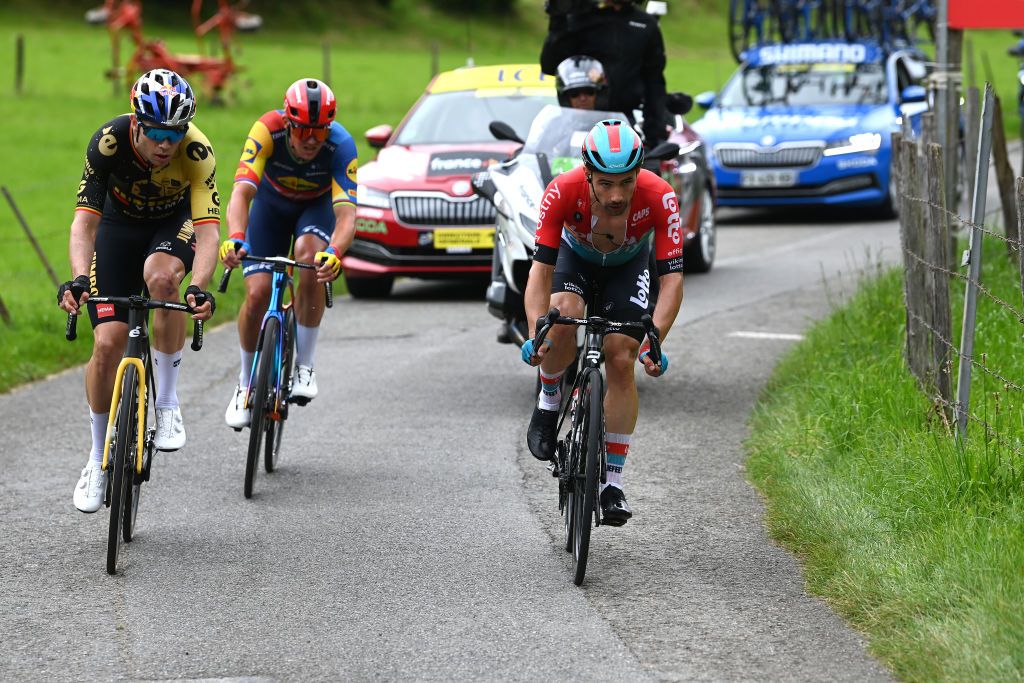 LARUNS FRANCE JULY 05 LR Wout Van Aert of Belgium and Team JumboVisma Mads Pedersen of Denmark and Team LidlTrek and Victor Campenaerts of Belgium and Team Lotto Dstny compete in the breakaway during the stage five of the 110th Tour de France 2023 a 1627km stage from Pau to Laruns UCIWT on July 05 2023 in Laruns France Photo by Tim de WaeleGetty Images