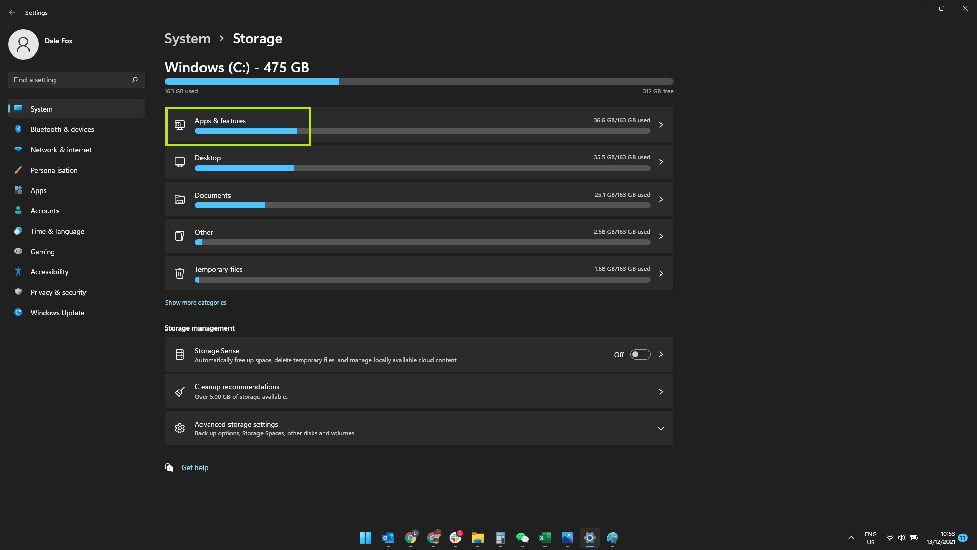 Screenshot of Windows 11 Storage on main drive with 