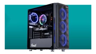 ABS Master gaming PC with side off on a blue and white background