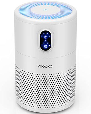 Mooka Air Purifiers. It's a white tall cylindrical unit with small LED screen