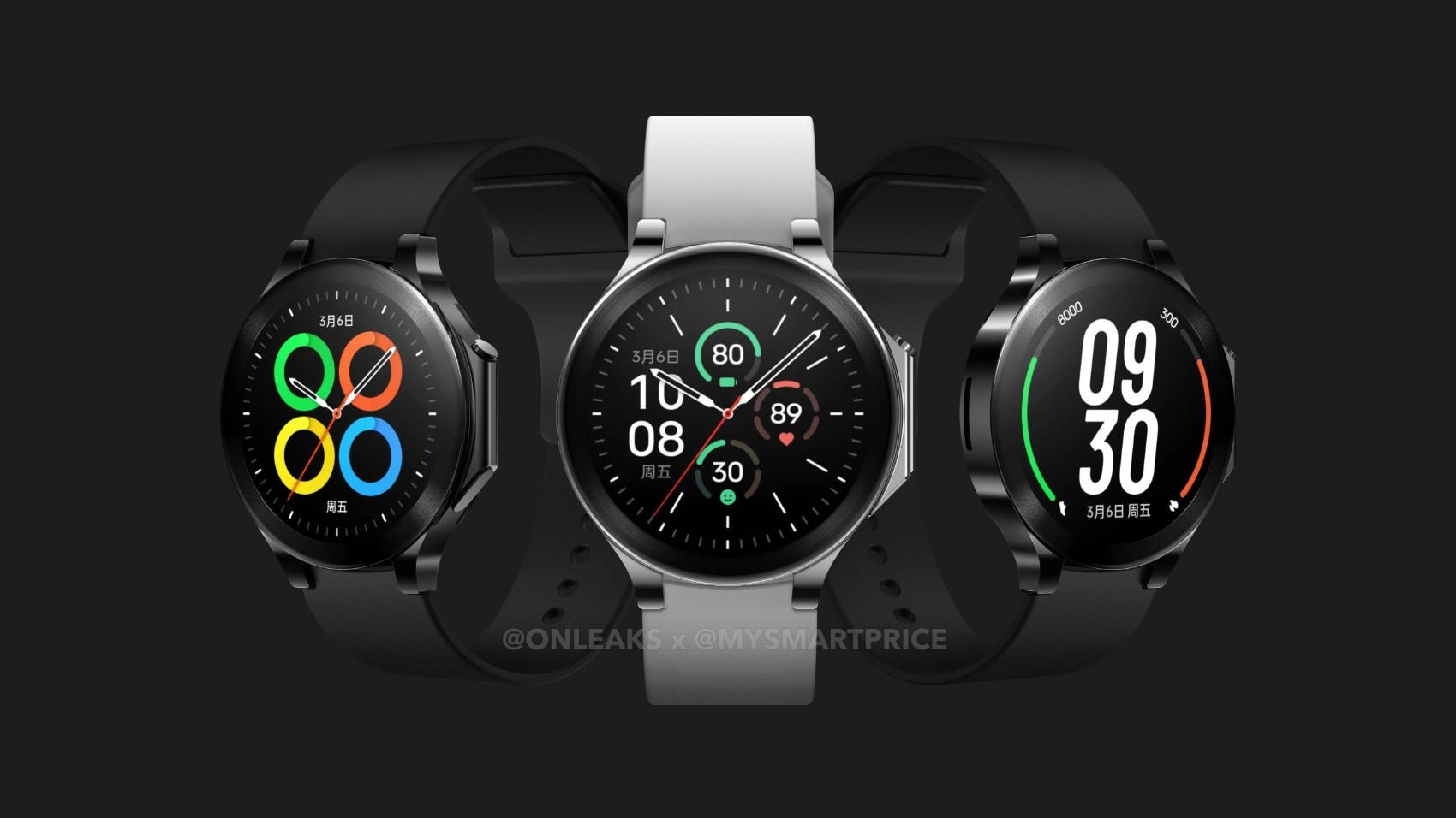 A leaked render based on the prototype version of the OnePlus Watch 2 in black and white.