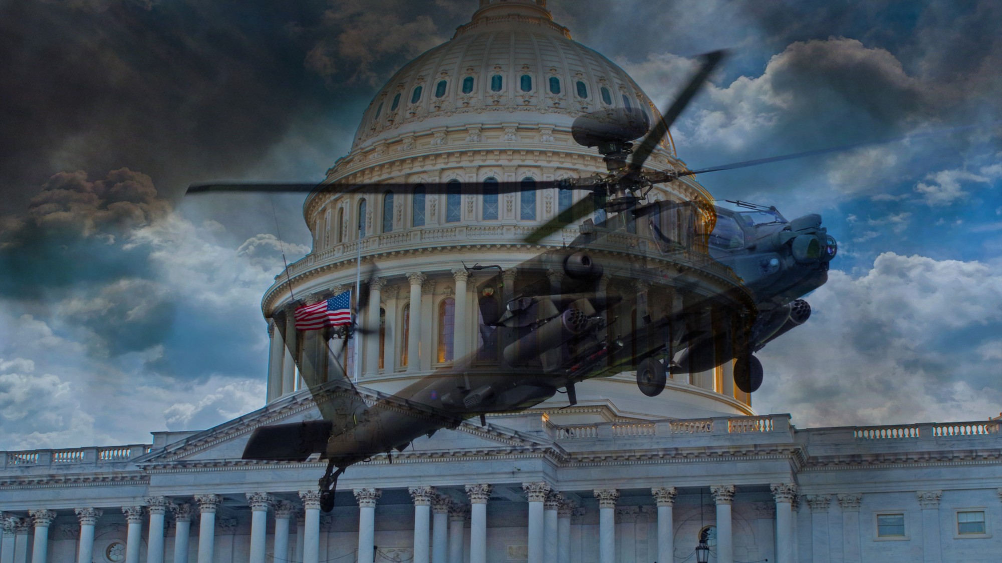 A military gunship helicopter overlaying the Capitol Building
