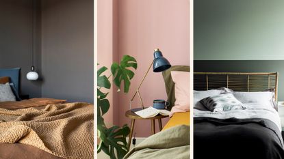 Collage of best bedroom paint colors including warm earth tones of brown, blush pink and green 